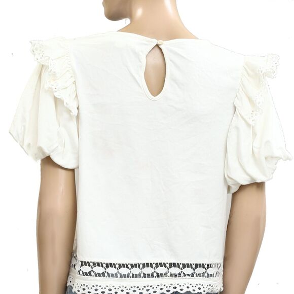 By Anthropologie Puff-Sleeve Cutwork Blouse Top Embroidered Cotton M NWD 280426 - Picture 8 of 11